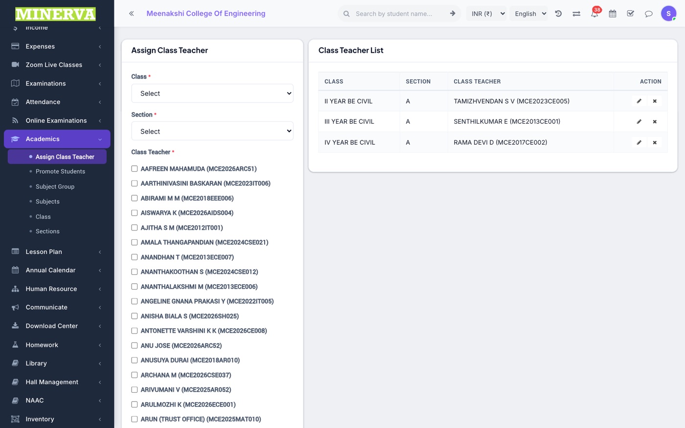 Assign Class Teacher screen